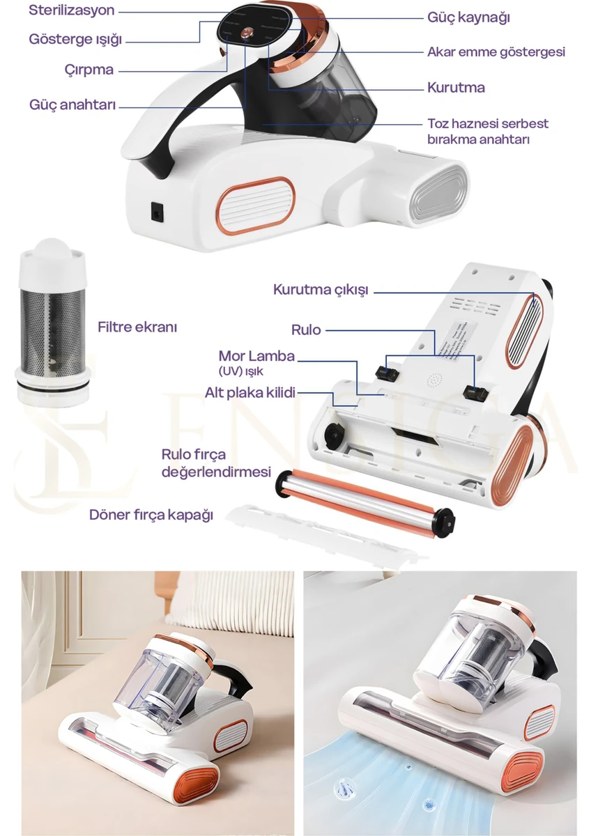 Ensiga Kablosuz Yeni Tasarım Uv Işık ve Hepa Filtre ile Oem Yatak Temizleyici Yatak Toz Elektrikli Süpürge